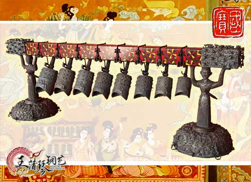 8件古編鐘，銅人銅座裝飾，可發(fā)音